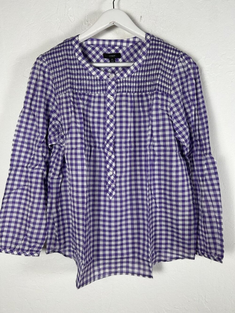 J.Crew Women Smocked Popover Top in Crinkle Gingham Purple White XL AS429 New